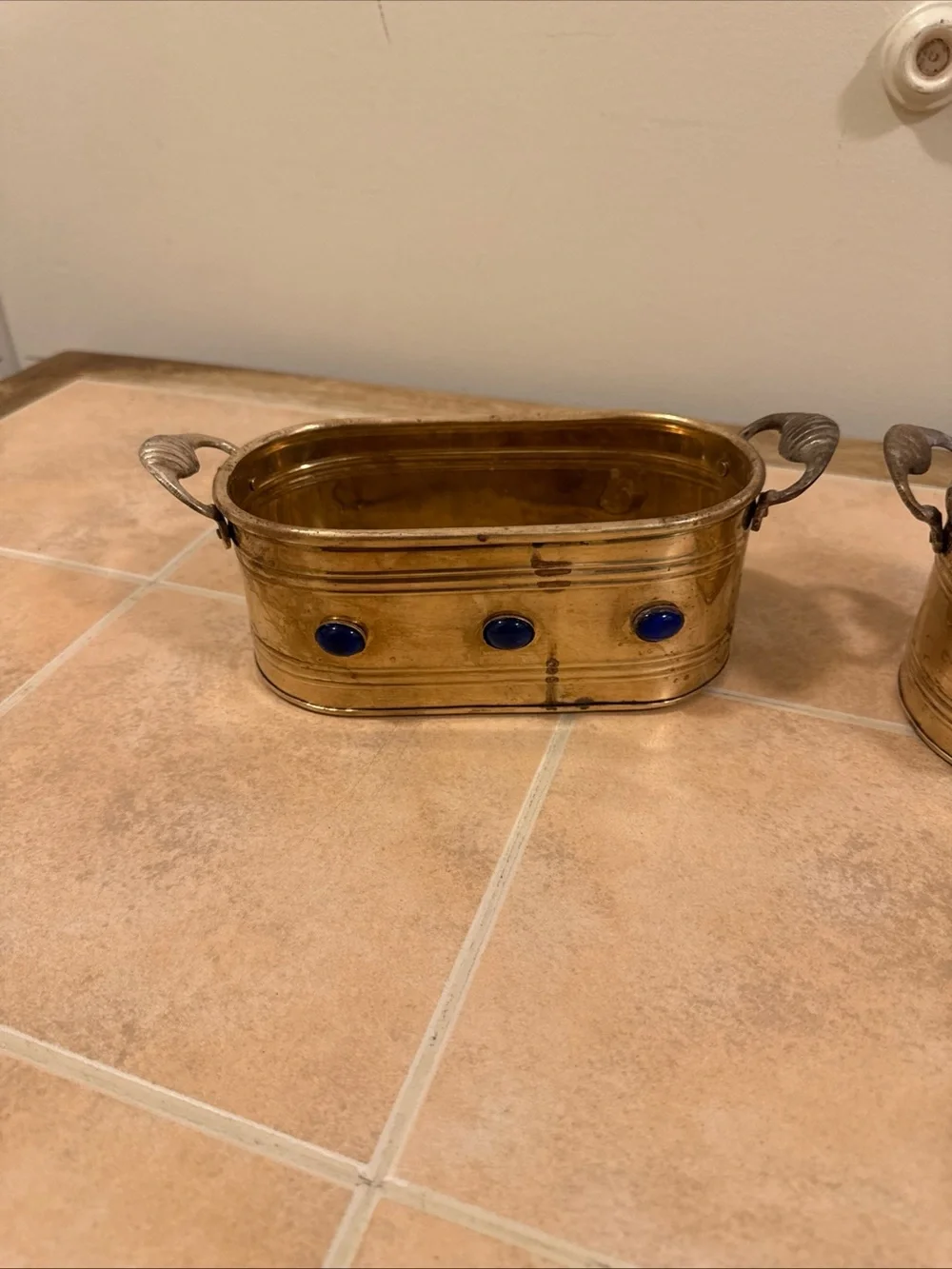 2 Vintage Brass Planters  W/Handles & Jewels Along The Side